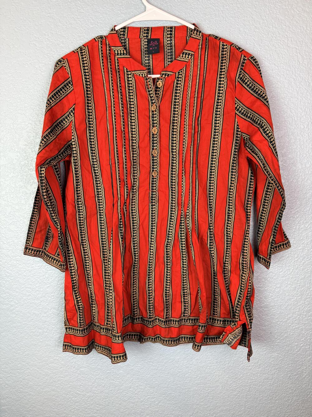 MYX Tunic Top Womens Large Orange Striped Boho Henley 3/4 Sleeve Cotton